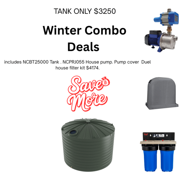 Winter tank combo 1 x prj055 jet pump 1 x pump cover 1 x duel 10 inch x 4.5 inch house filter includes 1 x 5 m sediment carriage 1 x 5 m carbon block cartridge.