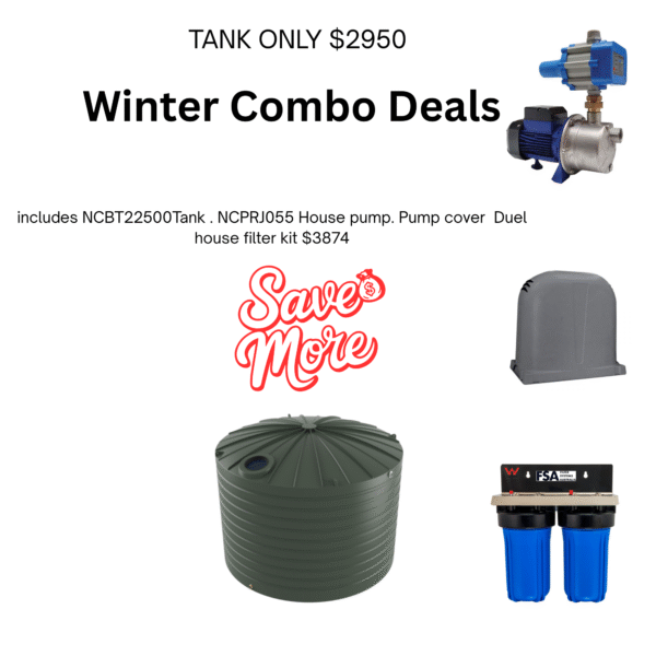 Winter Tank Combo 1 x prj055 jet pump 1 x pump cover 1 x duel 10 inch x 4.5 inch house filter includes 1 x 5 m sediment carriage 1 x 5 m carbon block cartridge.